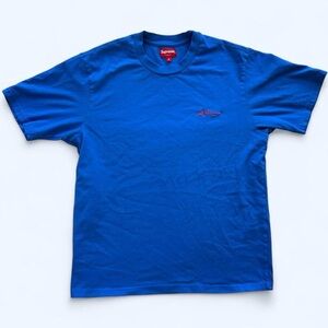 Streetwear Blue Supreme Washed T-Shirt w Red Embroidered Arabic Logo